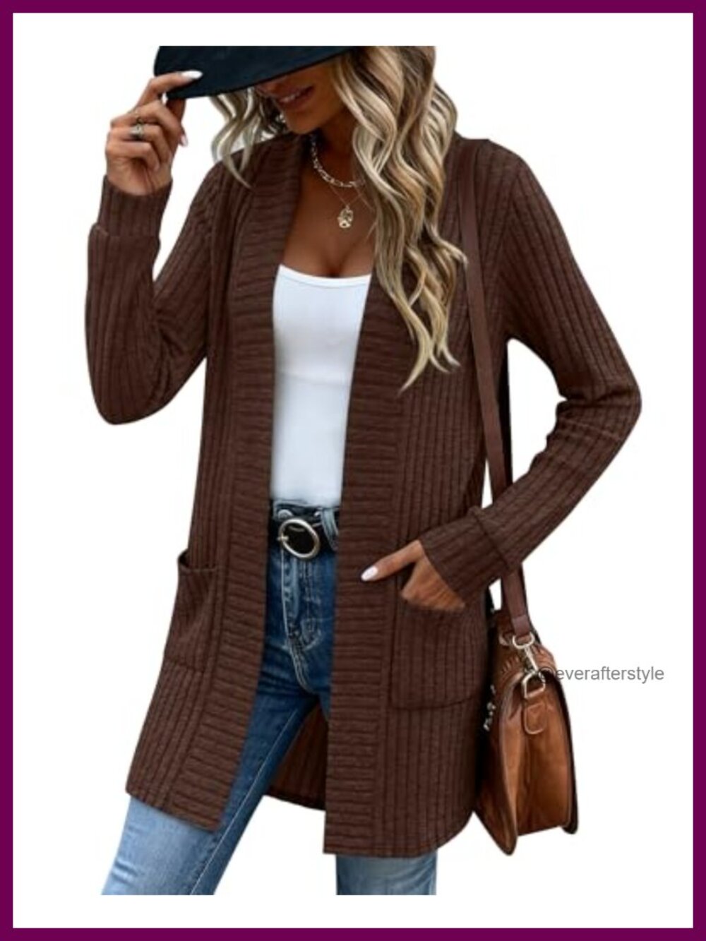 Long Sleeve Open Front Ribbed Knit Cardigan Sweater with Pockets